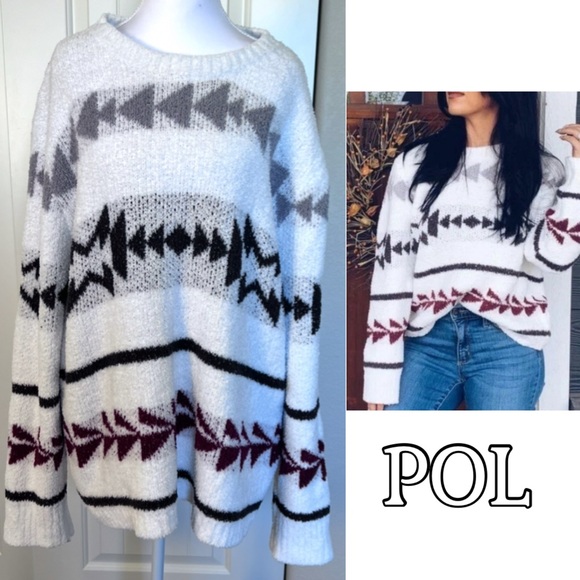 POL Sweaters - POL Luxe Chenille Aztec Boho
Southwestern Oversize White Sweater Sz Large